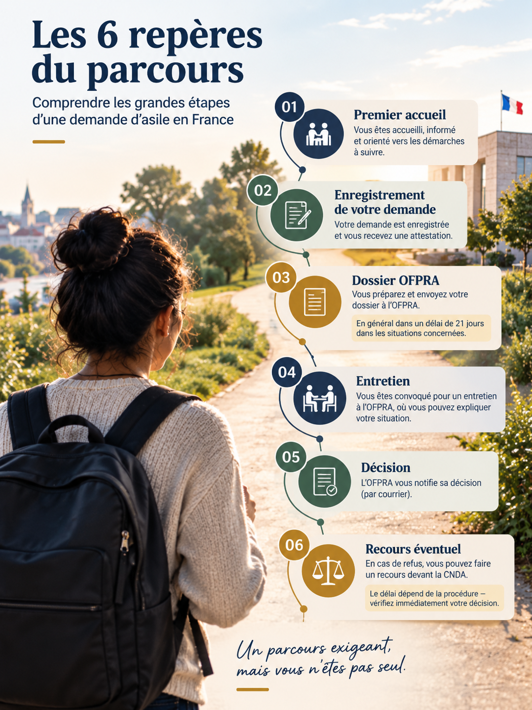Infographie des 6 repères d'une demande d'asile en France : premier accueil, enregistrement, dossier OFPRA, entretien, décision et recours éventuel.